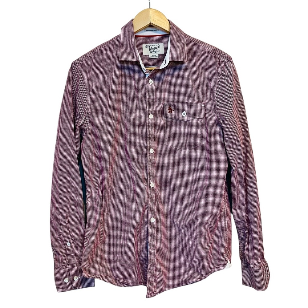 Original Penguin Burgundy Checkered Long Sleeve Shirt Size Medium Cotton